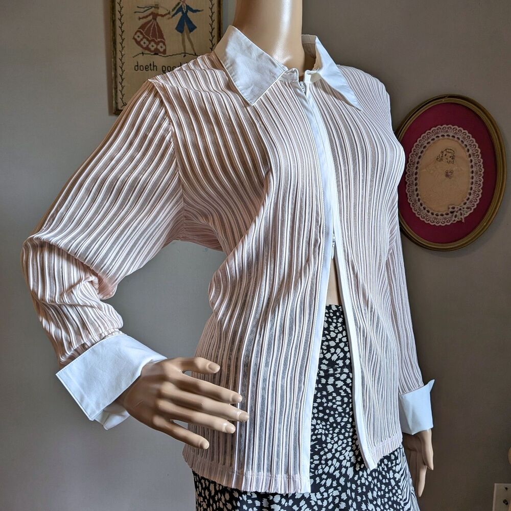 Vintage Y2K Liz Claiborne Blouse Zip Front Pink Striped Mesh Plus Size 1X Petite